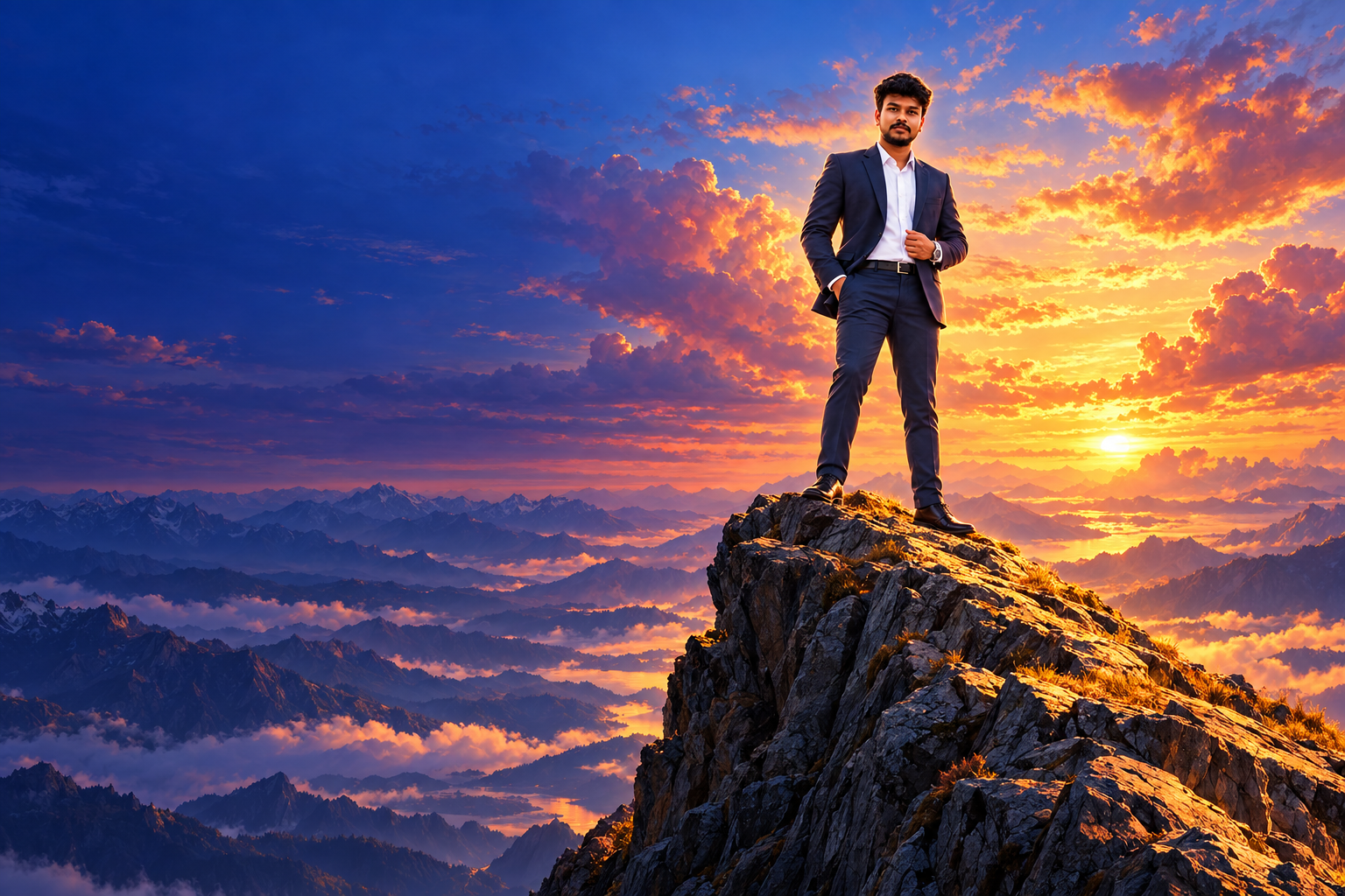 An illustrated Sriram in a navy suit standing on a mountain peak beneath a blue and orange sunset